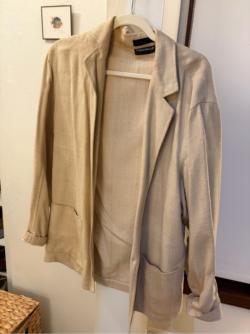 Vintage Savannah Beige Open-Front Lightweight Blazer Jacket linen
